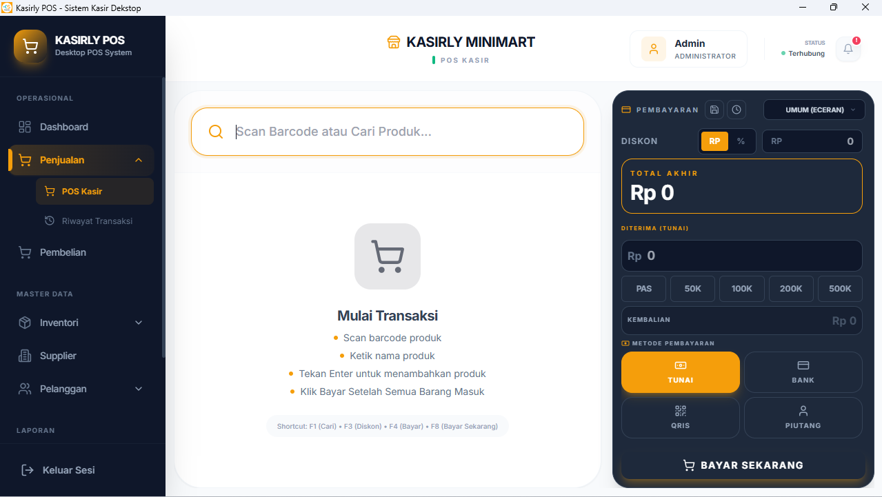 Layar kasir POS Kasirly dengan panel pembayaran dan metode bayar